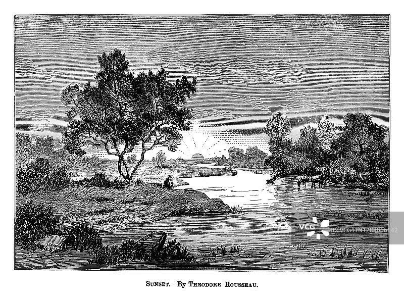西奥多·卢梭的日落老式雕刻插图图片素材