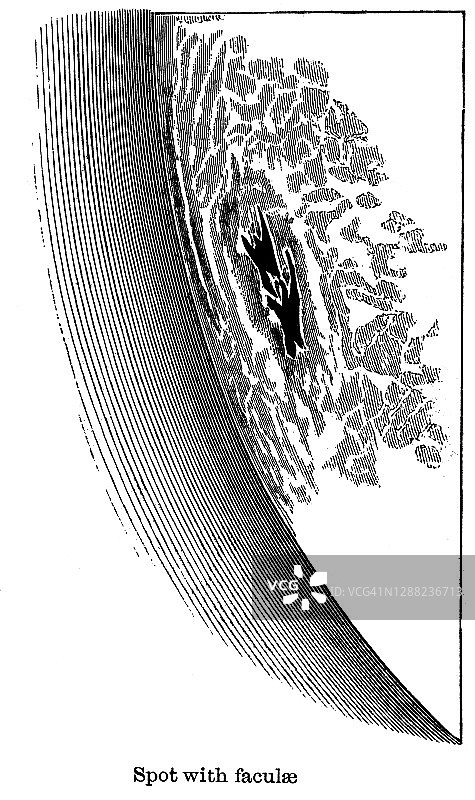 老式雕刻天文学插图：被光斑包围的太阳黑子图片素材