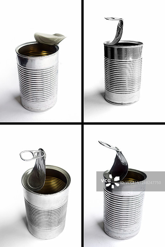 白色背景上打开的闪亮金属罐特写图片素材