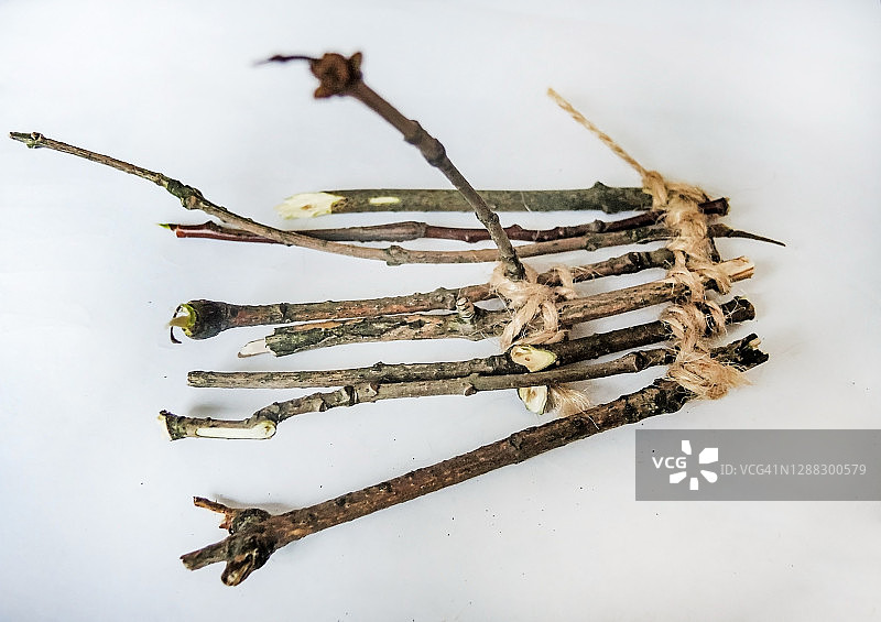 儿童手工艺品：细树枝与细绳木筏特写图片素材