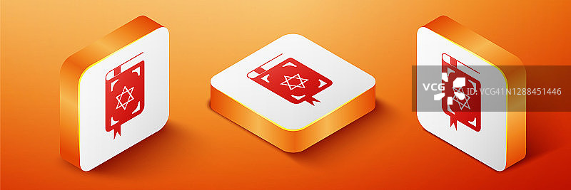 橙色背景上的2.5D犹太教妥拉经书图标：《摩西五经》，圣经封面是大卫之星图案图片素材