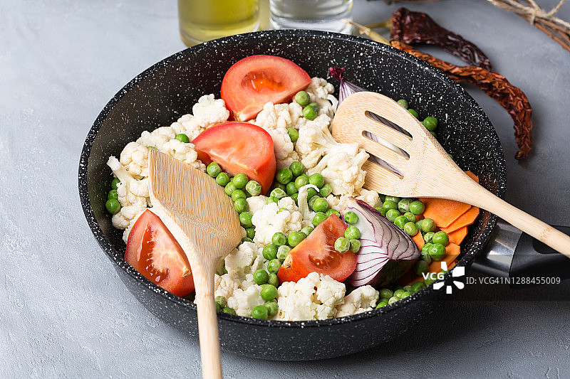 平底锅里的新鲜蔬菜，素食图片素材