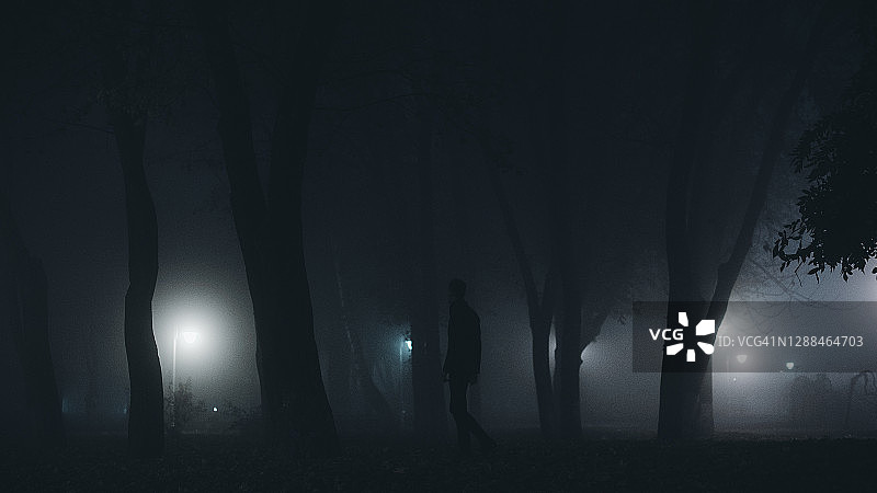 男子夜晚站在森林中剪影图片素材