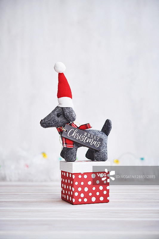 圣诞节背景，灰色毛毡小狗站在礼品盒上图片素材