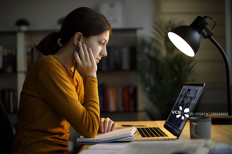 在家用笔记本电脑学习的微笑少女图片素材