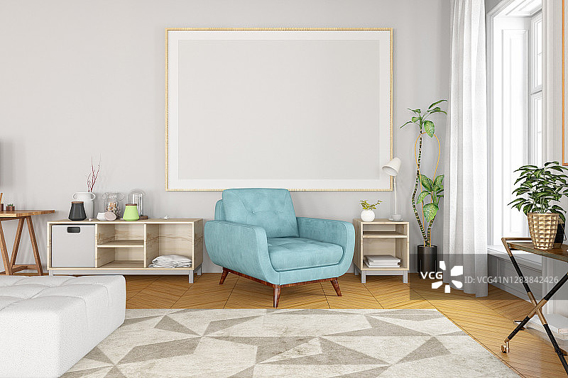 带扶手椅和空画框的室内图片素材