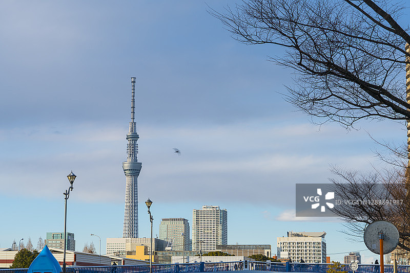 人们走在东京江东区大岛的住宅楼之间的尾长川上的尾长川三叶草桥上图片素材
