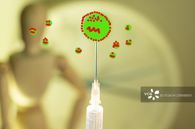 针对新型冠状病毒的疫苗的创意幽默图片，注射器尖端有一个小病毒，富含幽默感图片素材