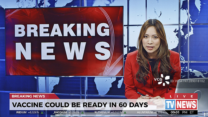 女主持人播报有关疫苗可及性的突发新闻图片素材