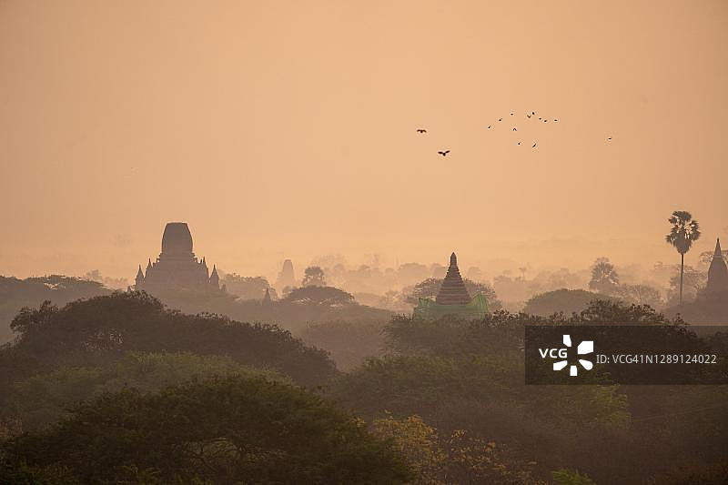 缅甸蒲甘的寺庙群与守卫图片素材