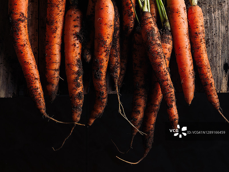 黑色背景上的一堆新鲜胡萝卜图片素材