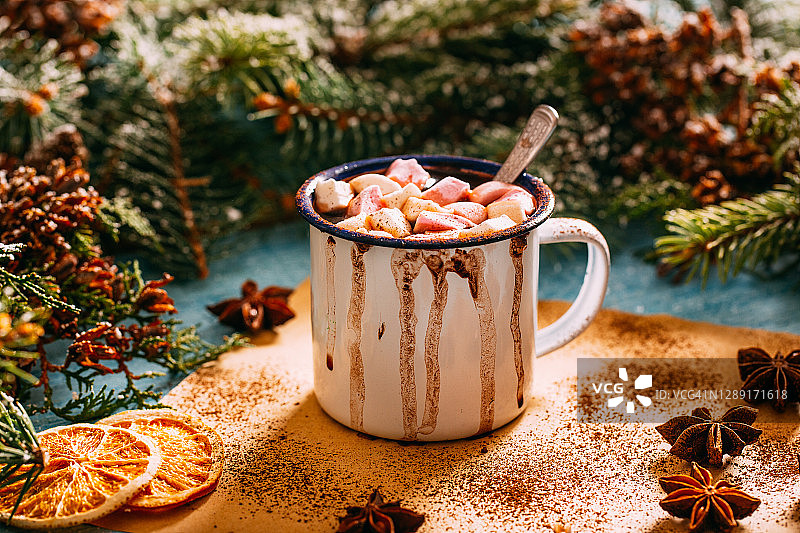 冬季背景下的自制热巧克力棉花糖图片素材