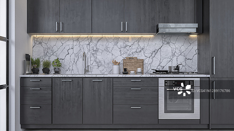 带窗户的现代灰色厨房图片素材