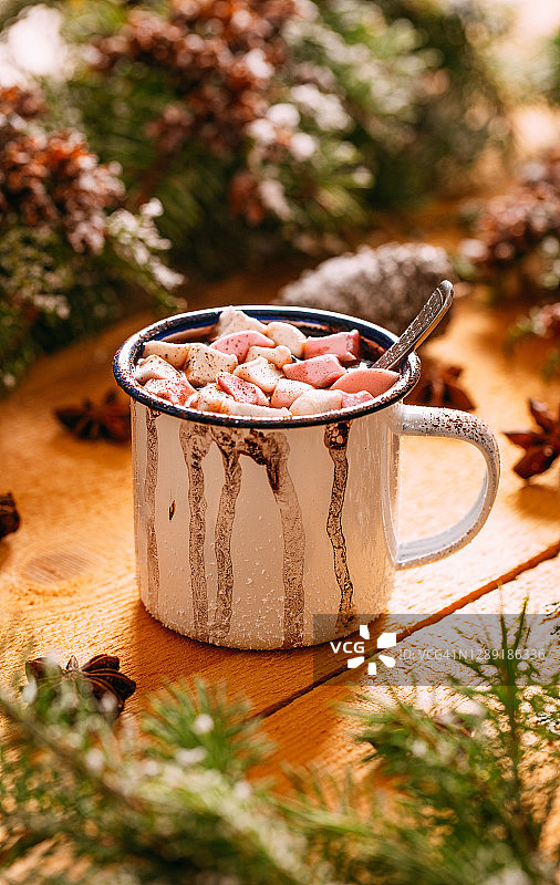 圣诞背景：热巧克力和棉花糖图片素材