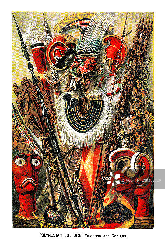 波利尼西亚文化：武器与设计古版画插图图片素材