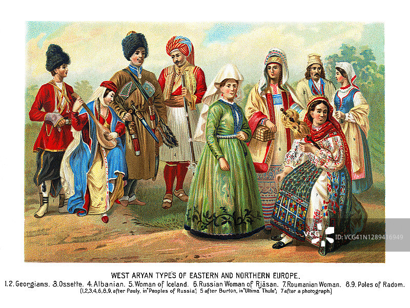 东西欧和北欧的西雅利安人类型的旧插图图片素材