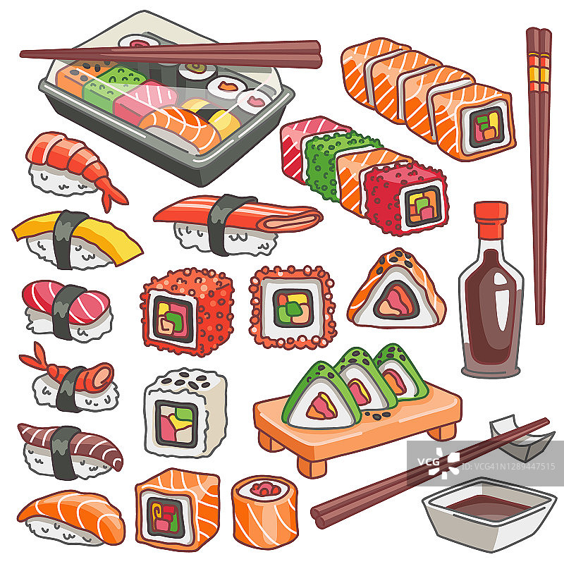 彩色寿司和寿司卷拼盘卡通矢量食物插画，白色背景图片素材