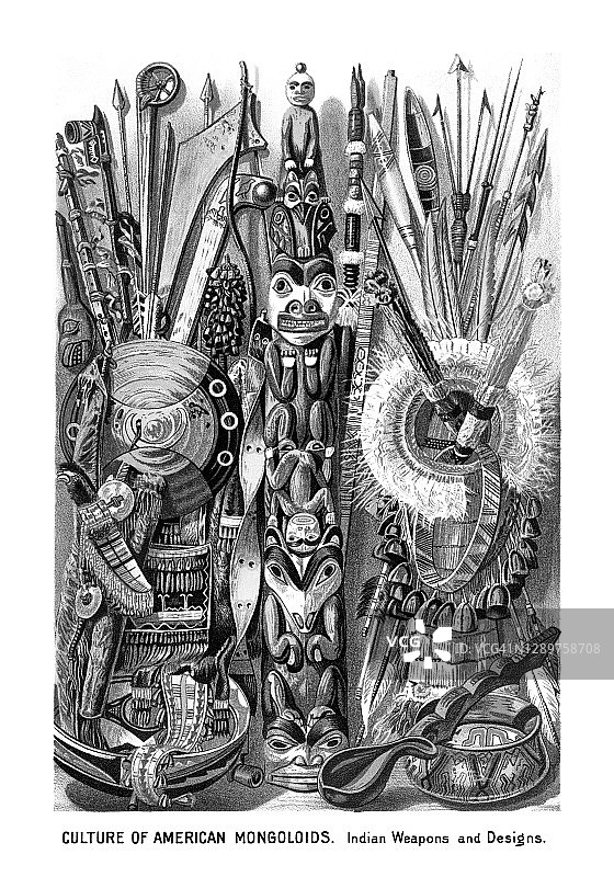 美洲蒙古人种文化古版画插图-印第安武器和设计图片素材