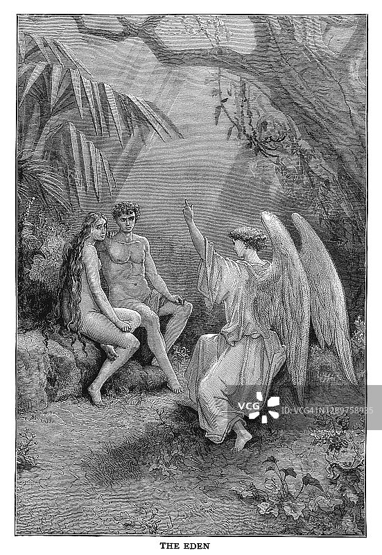 天使拉斐尔的花园雕刻插图图片素材