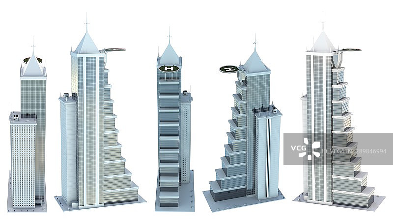 5个虚构设计高层建筑鸟瞰图，屋顶设有直升机停机坪，蓝色天空倒影 - 白色隔离，建筑3D图图片素材