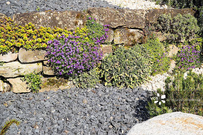 景观优美的石材花园，粗糙的天然石墙、玄武岩砾石和软装植物图片素材