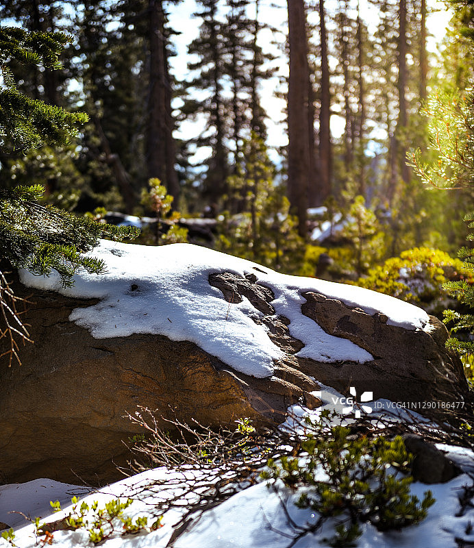 拉森火山国家公园的冬季雪山岩石森林景观图片素材