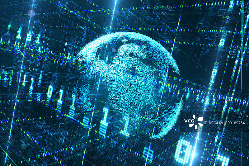 数字空间中带有二进制数据的粒子地球图片素材