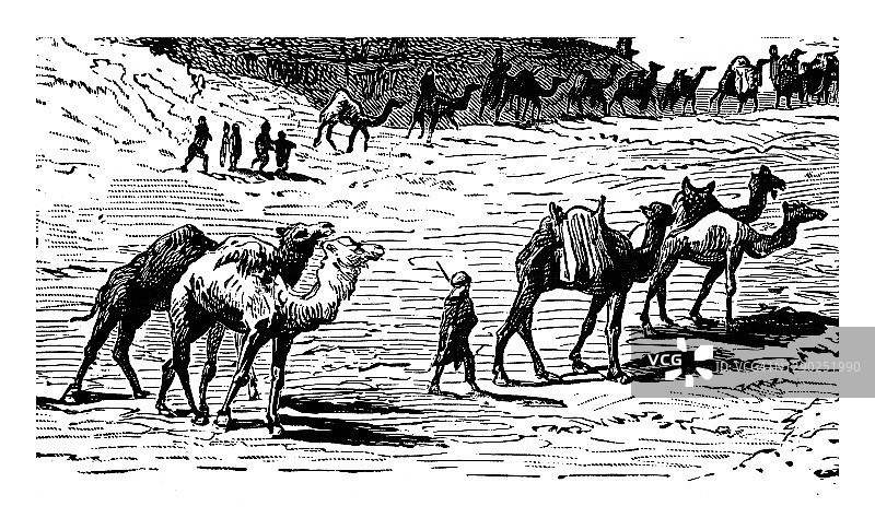 阿拉伯海沿岸肤色人种分界线的老式雕刻插图（加斯顿·维利耶）图片素材