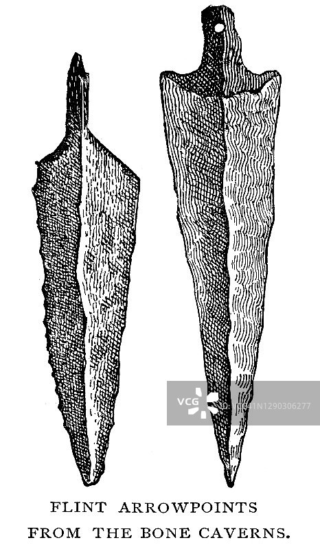 石器时代和青铜时代的工具、武器和装置的古老雕刻插图，来自骨骼洞穴的燧石箭头图片素材