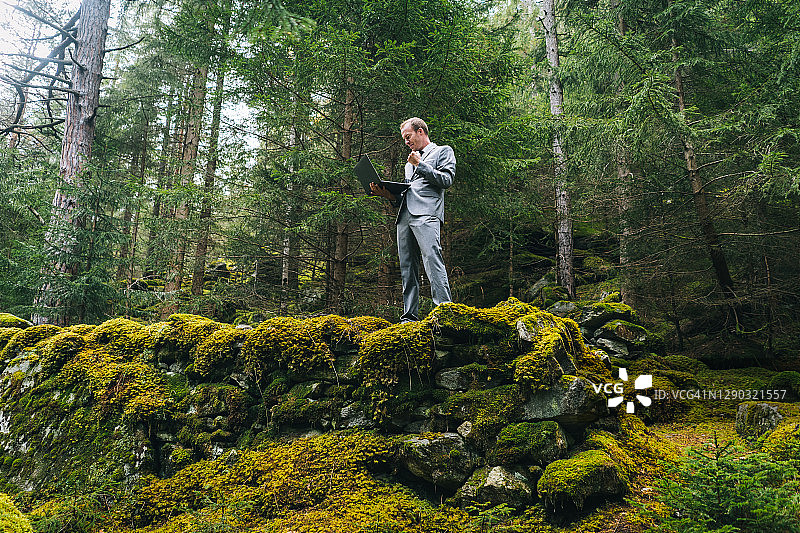 商务男士在茂密的森林中远程办公图片素材