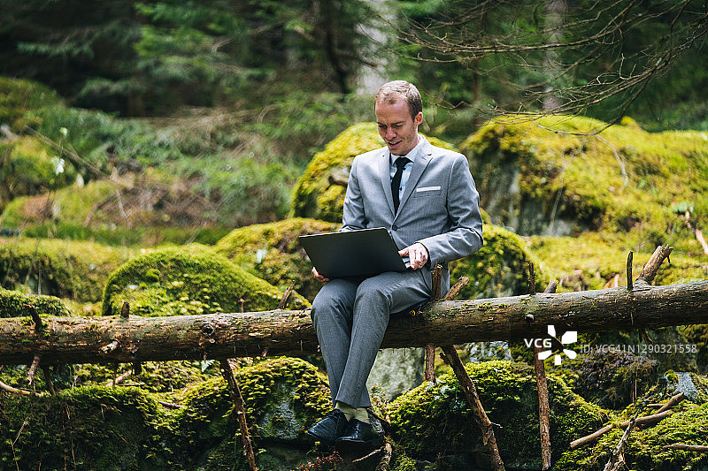 商务男士在茂密的森林中远程办公图片素材