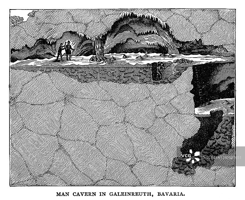 巴伐利亚州加莱因鲁特的人类洞穴的古老雕刻插图图片素材