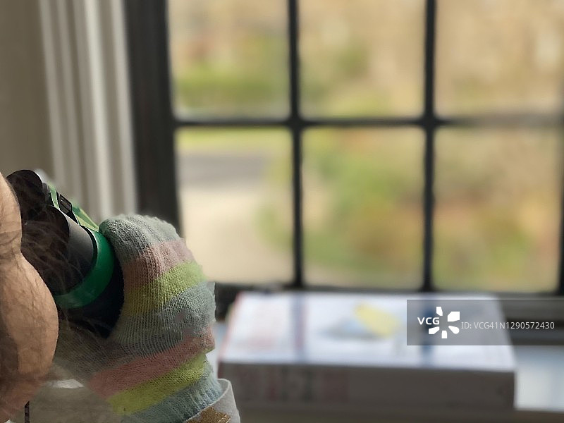 数字排毒：混血幼儿在家舒适地观鸟图片素材