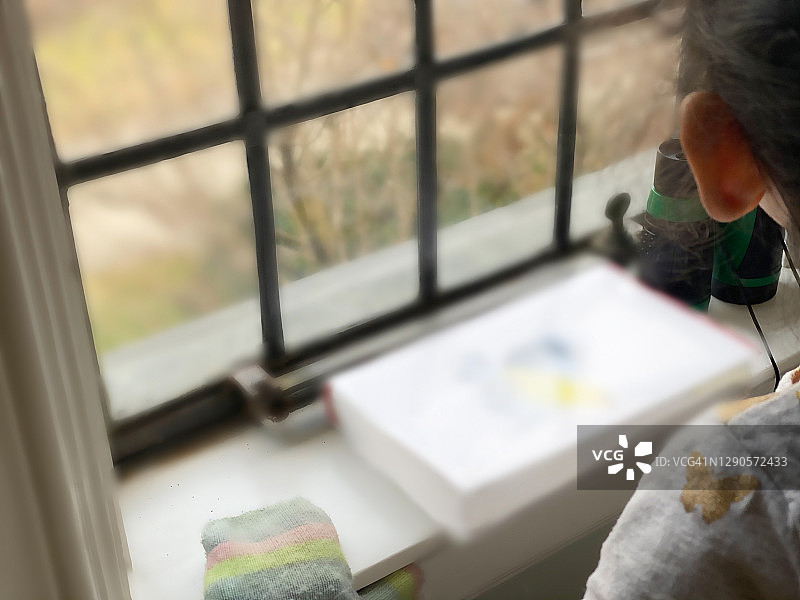 数字排毒：混血幼儿在家舒适地观鸟图片素材