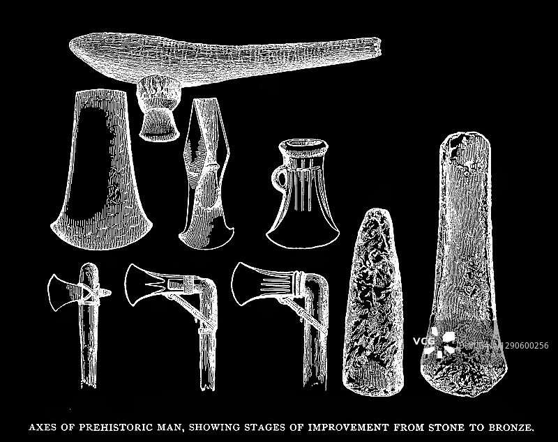 史前人类的斧头的老式雕刻插图，展示了从石器时代到青铜时代的改进阶段图片素材