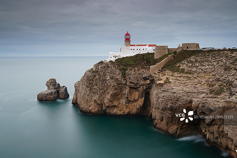 圣维森特角灯塔和悬崖日落景色，葡萄牙萨格里什图片素材
