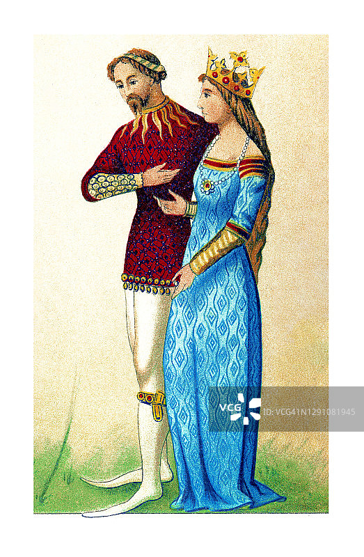 14世纪骑士与女王的旧插画图片素材