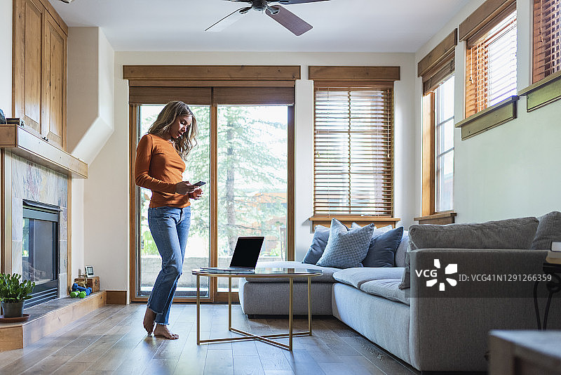 年轻女人在家中使用笔记本电脑和手机图片素材