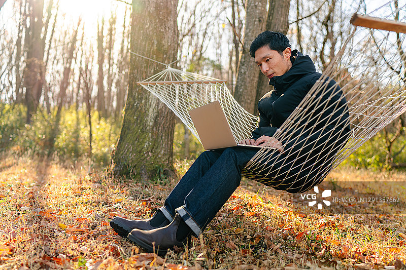 年轻男人坐在吊床上，在户外用笔记本电脑远程工作图片素材