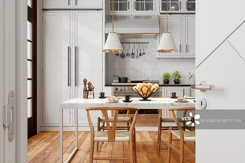 现代厨房内景：木椅、吊灯、大理石桌和敞开式厨房门图片素材
