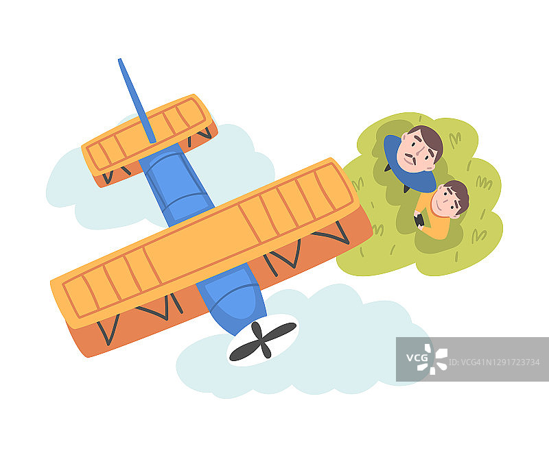 父子一起放飞飞机模型，卡通风格矢量插画图片素材