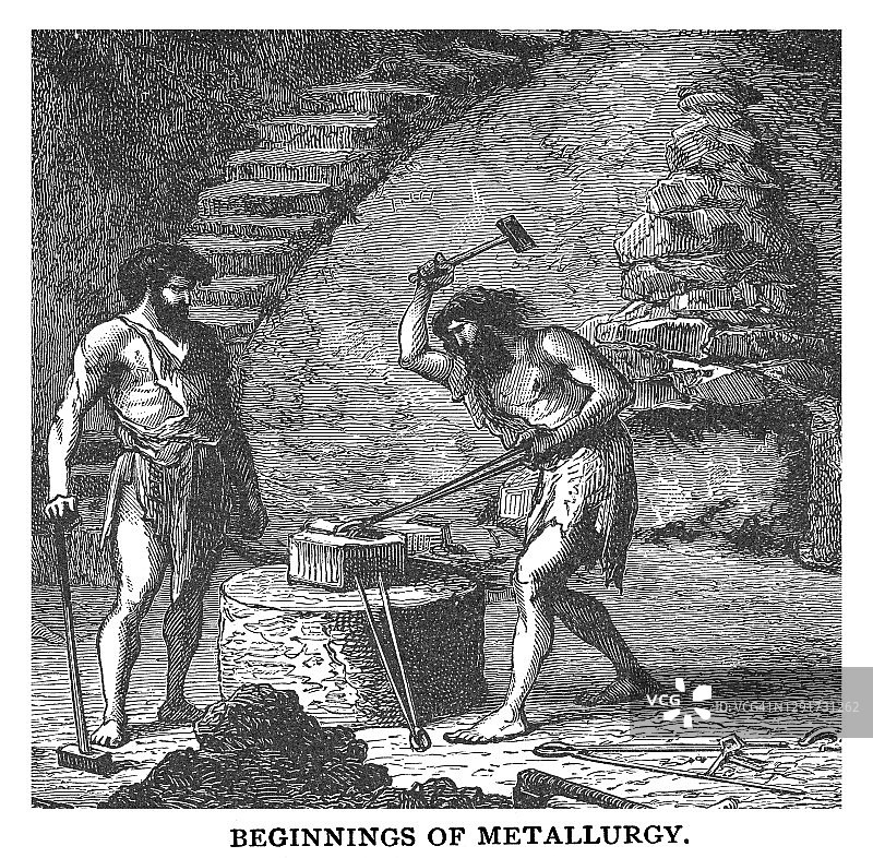 古老的冶金学起源雕刻插图-原始铁匠铺(Émile-Antoine Bayard)图片素材