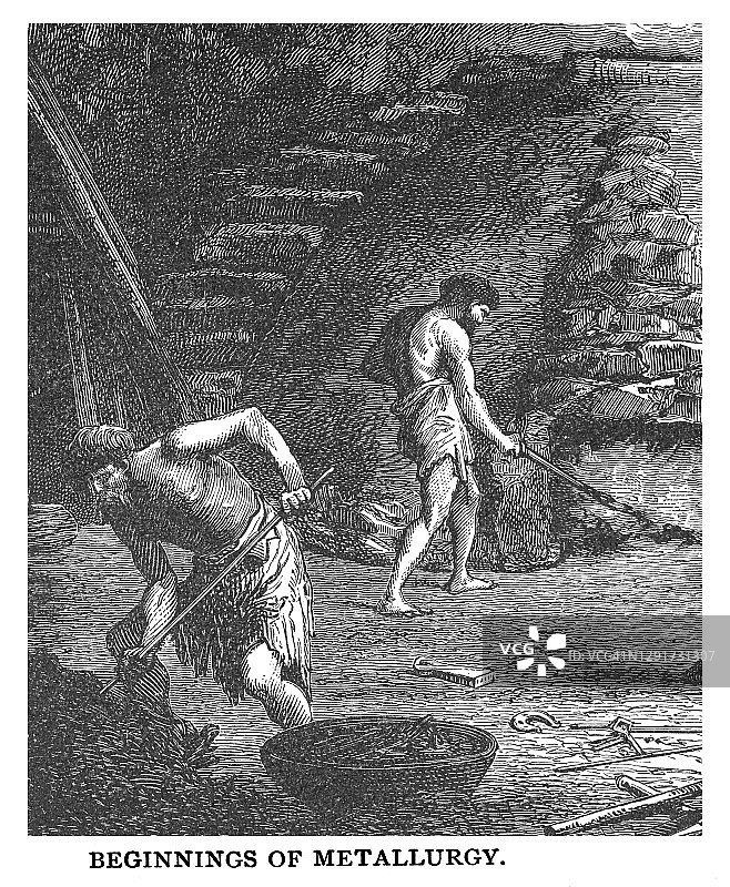 古老的冶金学起源雕刻插图-原始铁匠铺(Émile-Antoine Bayard)图片素材
