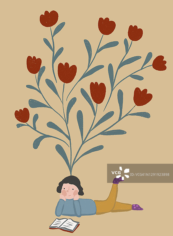 绽放的郁金香插画，寓意女孩读书的想象力图片素材