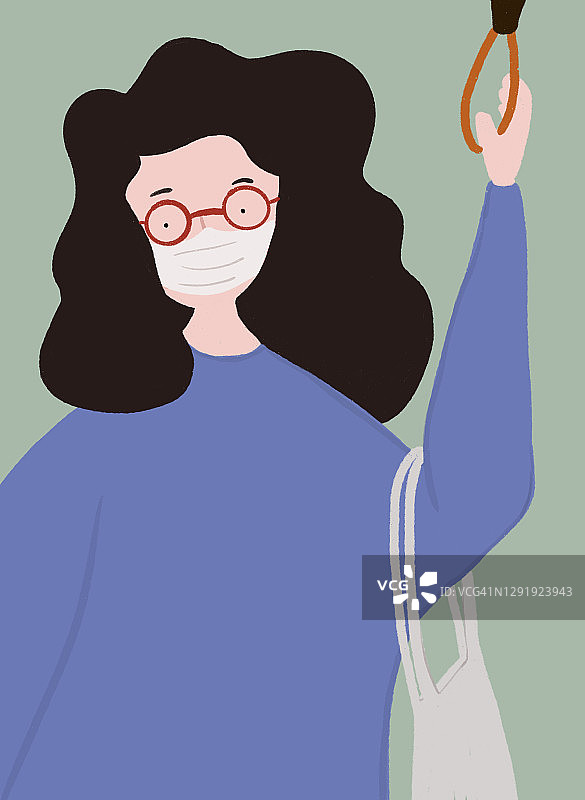 戴防护口罩的女通勤者抓住扶手的剪贴画图片素材