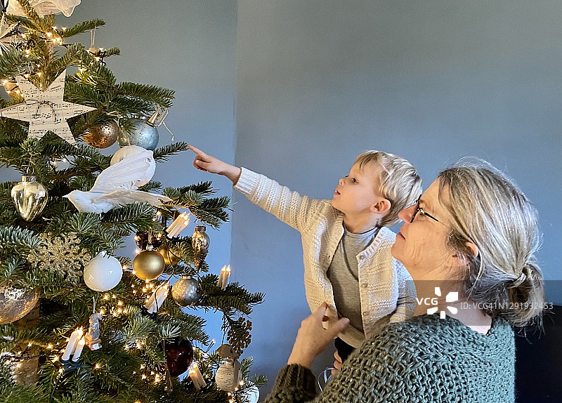 幼儿和奶奶一起看圣诞树图片素材