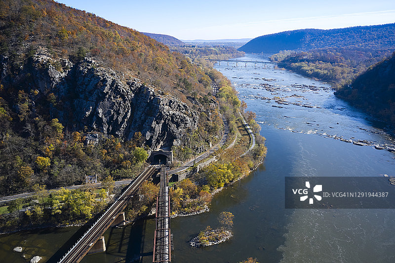 美国西弗吉尼亚州哈珀斯费里：高架铁轨在切萨皮克和俄亥俄运河隧道交汇的航拍图图片素材