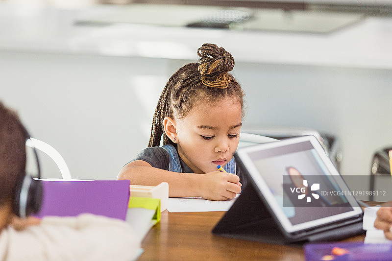 疫情期间，女孩在家给她的兄弟姐妹涂色图片素材