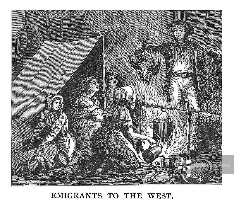 移民西进古老雕刻插图图片素材