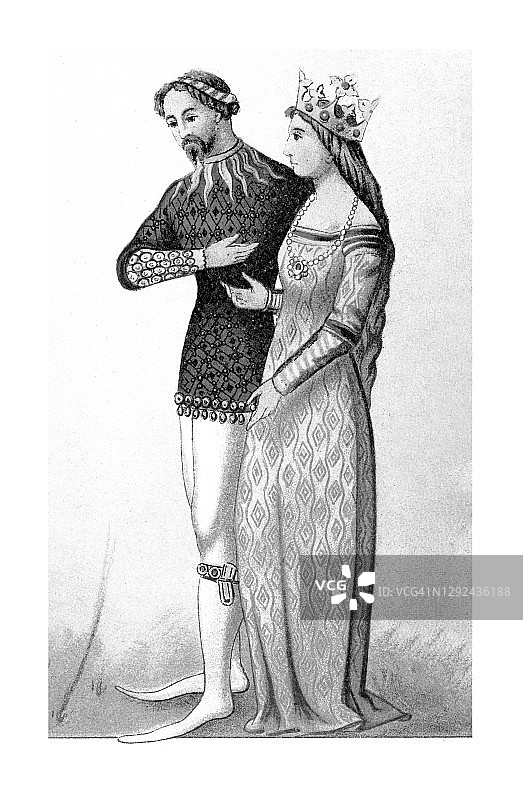 14世纪骑士与女王的旧插画图片素材